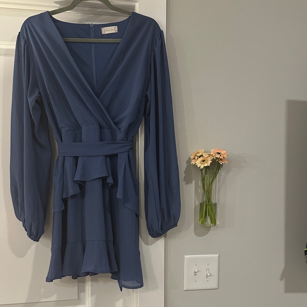 Altar’d State Blue Long Sleeve Ruffle Dress, L